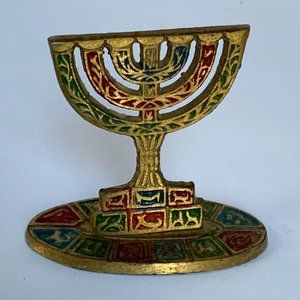 VTG Mini Brass Menorah Hanukkah Figurine Enamel Judaica Religious